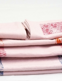Lino Printed Table Runners-Serviettes-Turquoise or Orange on Pink Linen II - Copy